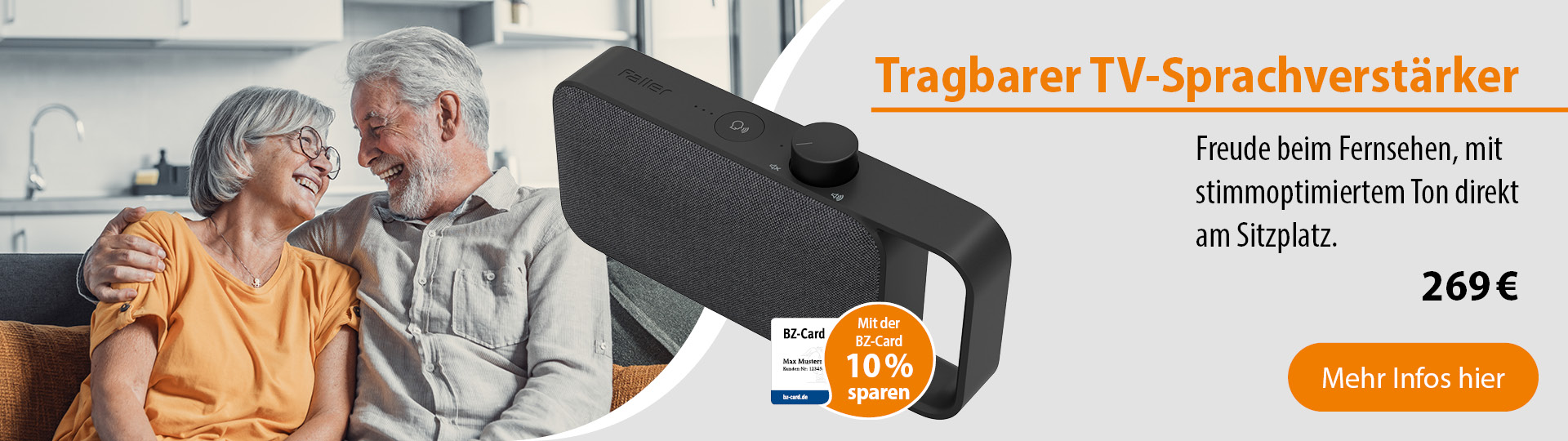 Werbebanner für einen tragbaren TV-Sprachverstärker: Ein älteres Paar sitzt lachend auf dem Sofa, daneben das Gerät mit dem Hinweis auf stimmoptimierten Ton, Preis 269 Euro und Button ‚Mehr Infos hier.